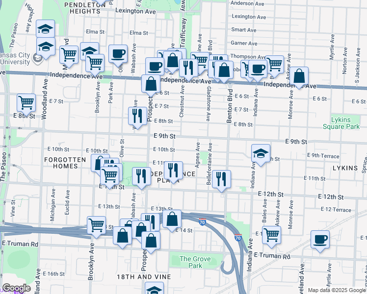 map of restaurants, bars, coffee shops, grocery stores, and more near 2823 East 9th Street in Kansas City