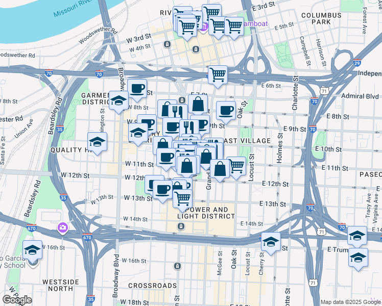 map of restaurants, bars, coffee shops, grocery stores, and more near 1000 Walnut Street in Kansas City