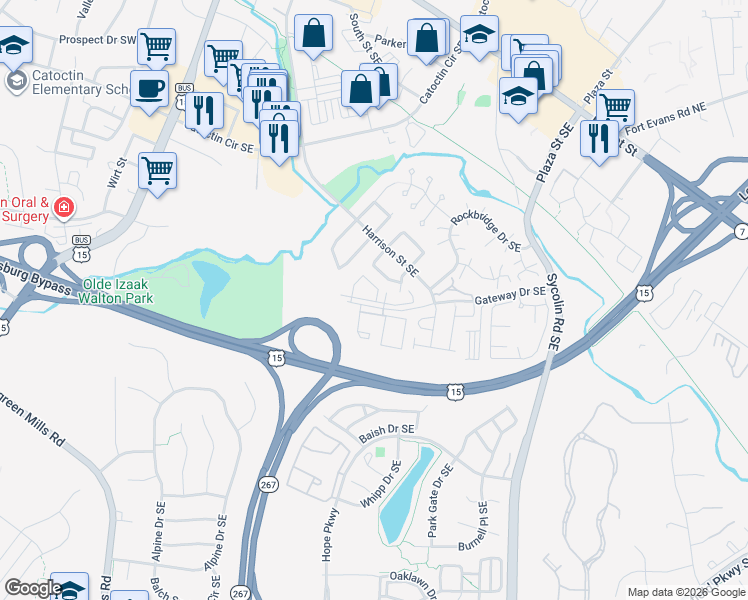 map of restaurants, bars, coffee shops, grocery stores, and more near 678 Gateway Drive Southeast in Leesburg