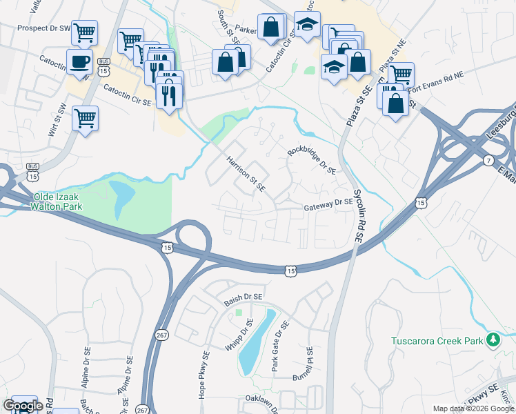 map of restaurants, bars, coffee shops, grocery stores, and more near 676 Gateway Drive Southeast in Leesburg