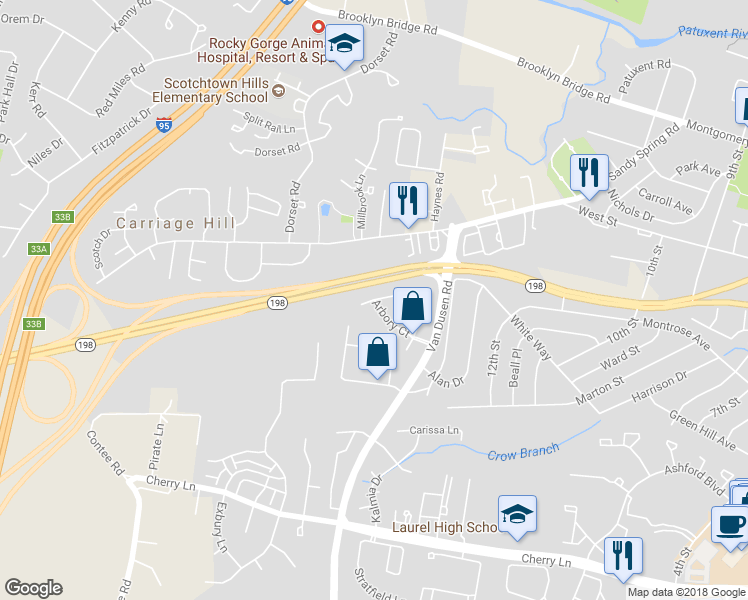 map of restaurants, bars, coffee shops, grocery stores, and more near 7642 North Arbory Way in Laurel