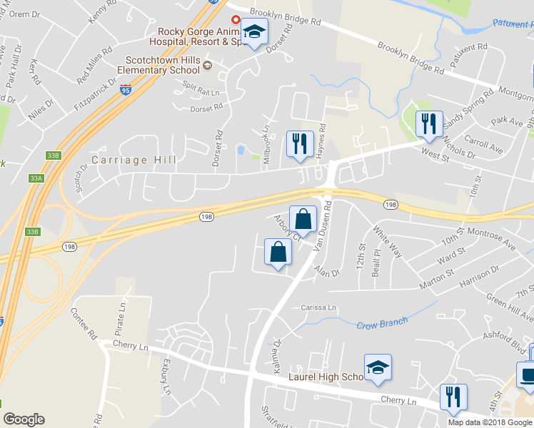 map of restaurants, bars, coffee shops, grocery stores, and more near 7520 North Arbory Way in Laurel