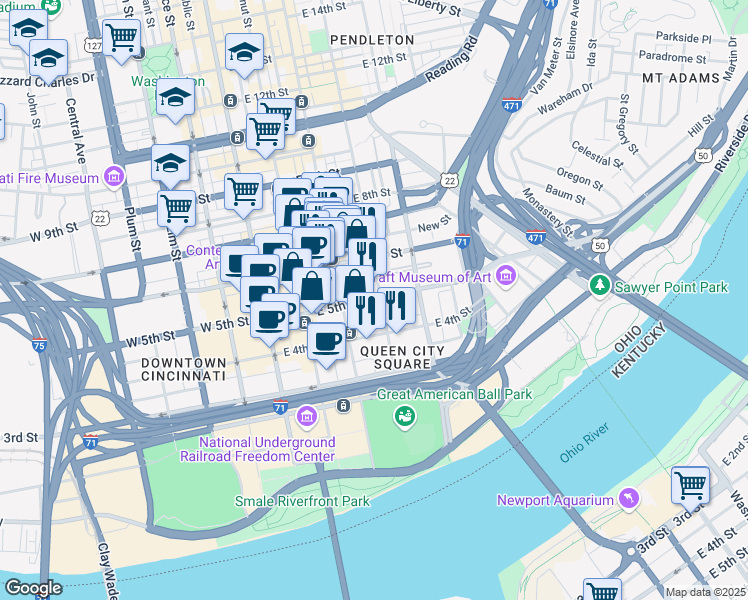 map of restaurants, bars, coffee shops, grocery stores, and more near 255 East 5th Street in Cincinnati