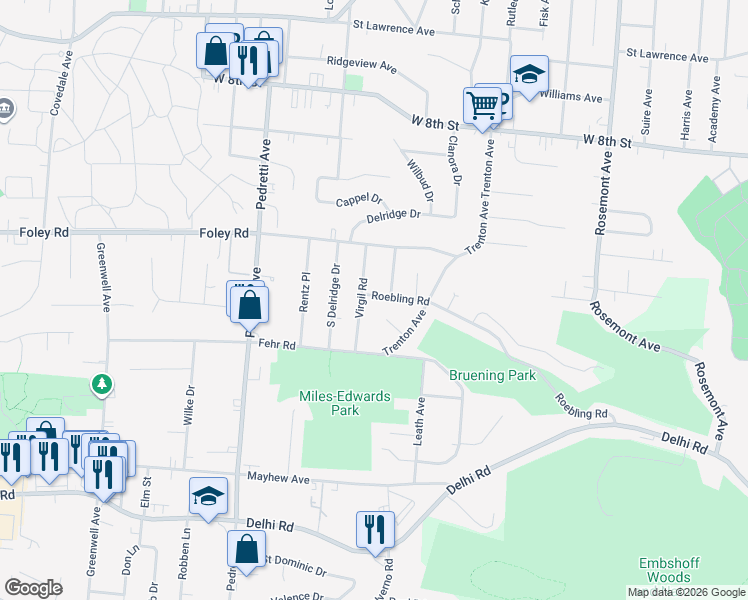 map of restaurants, bars, coffee shops, grocery stores, and more near 651 Roebling Road in Cincinnati
