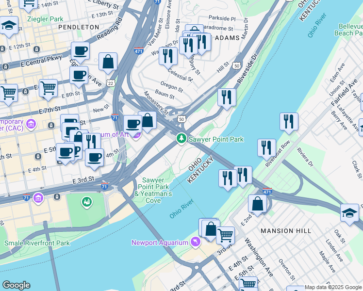 map of restaurants, bars, coffee shops, grocery stores, and more near 705 East Pete Rose Way in Cincinnati