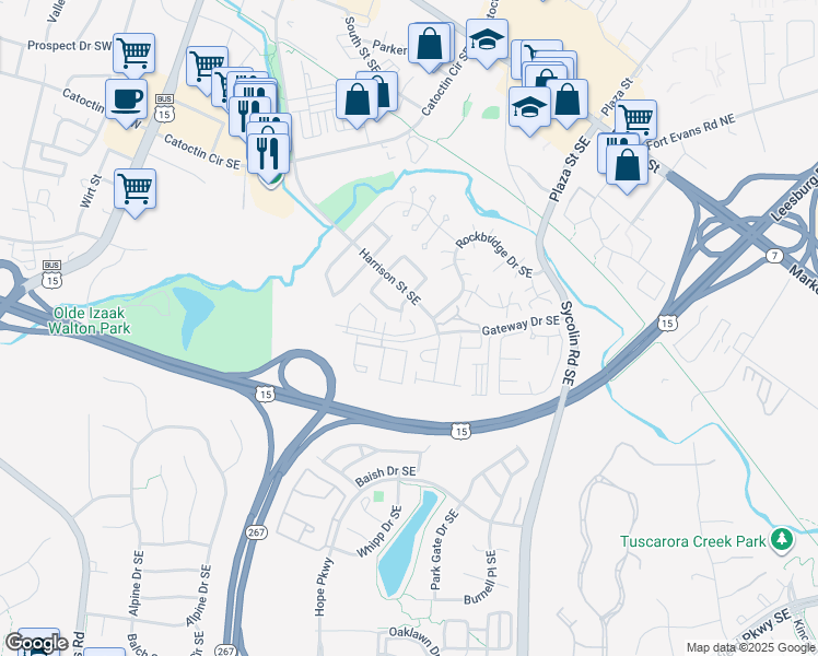 map of restaurants, bars, coffee shops, grocery stores, and more near 678 Gateway Drive Southeast in Leesburg