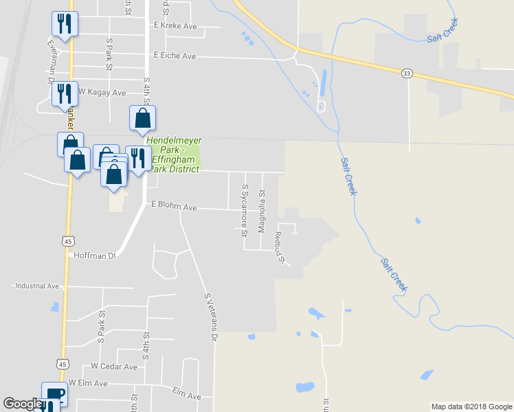 map of restaurants, bars, coffee shops, grocery stores, and more near 2011 Magnolia Street in Effingham
