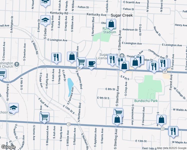 map of restaurants, bars, coffee shops, grocery stores, and more near 10815 U.S. 24 in Independence