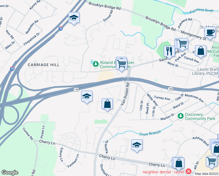 map of restaurants, bars, coffee shops, grocery stores, and more near 7607 North Arbory Way in Laurel