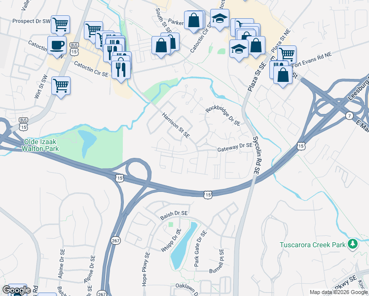map of restaurants, bars, coffee shops, grocery stores, and more near 678 Gateway Drive Southeast in Leesburg