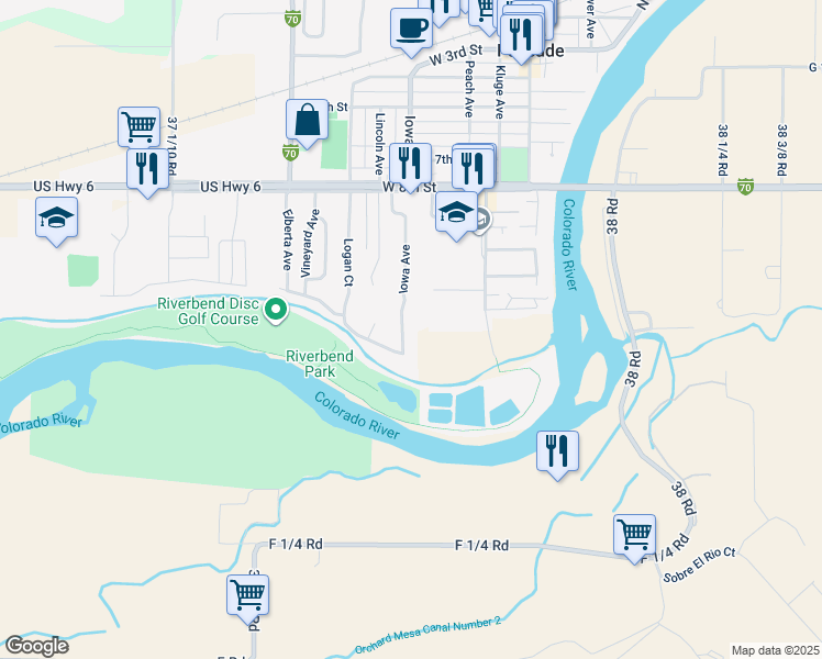 map of restaurants, bars, coffee shops, grocery stores, and more near 951 Iowa Avenue in Palisade