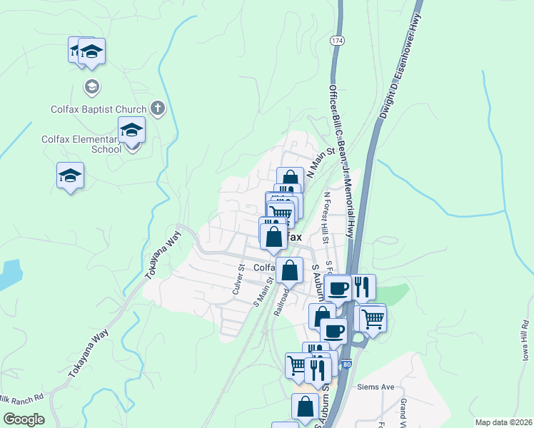 map of restaurants, bars, coffee shops, grocery stores, and more near 49 Depot Street in Colfax