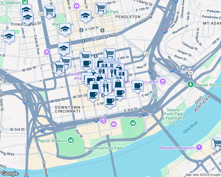 map of restaurants, bars, coffee shops, grocery stores, and more near 515 Main Street in Cincinnati