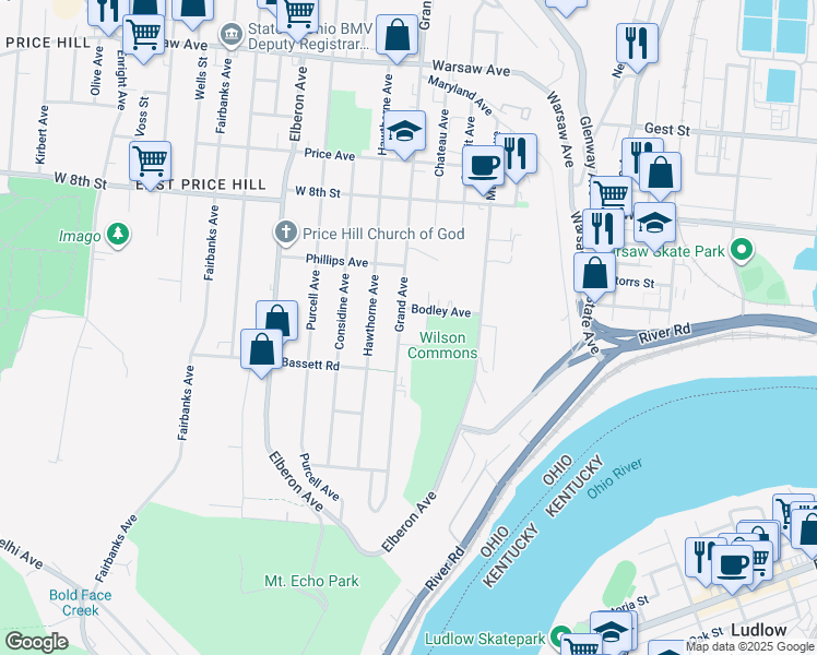 map of restaurants, bars, coffee shops, grocery stores, and more near 542 Grand Avenue in Cincinnati
