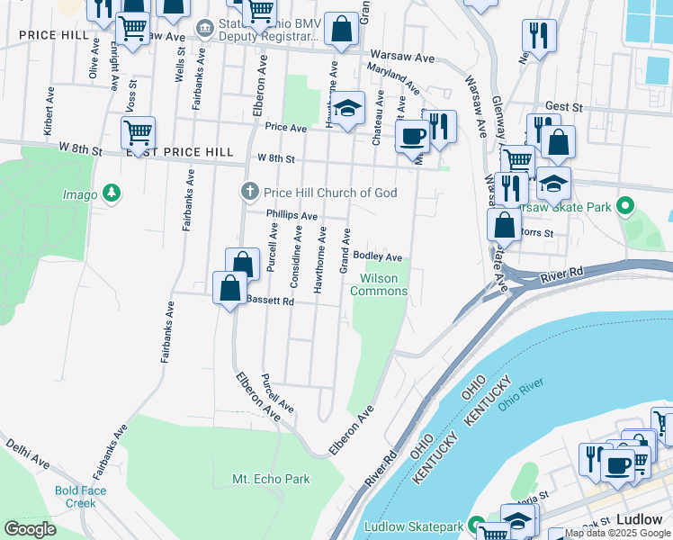 map of restaurants, bars, coffee shops, grocery stores, and more near 651 Hawthorne Avenue in Cincinnati