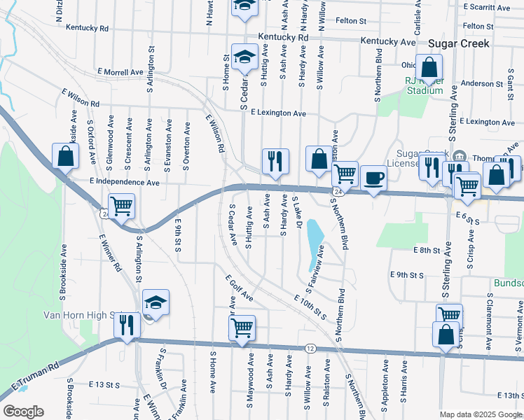 map of restaurants, bars, coffee shops, grocery stores, and more near 617 South Ash in Independence