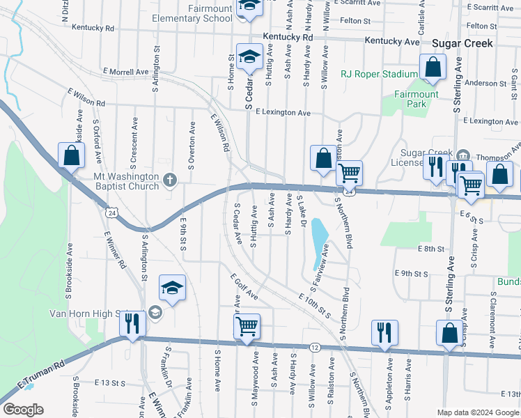 map of restaurants, bars, coffee shops, grocery stores, and more near 617 South Ash in Independence