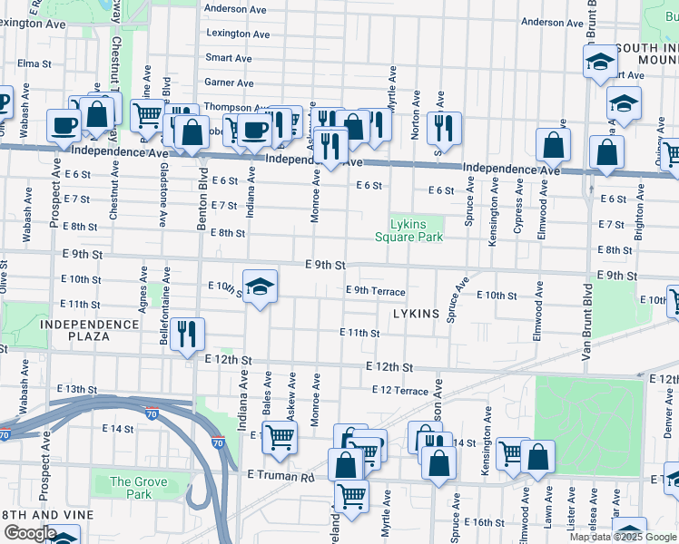 map of restaurants, bars, coffee shops, grocery stores, and more near 3726 East 9th Street in Kansas City