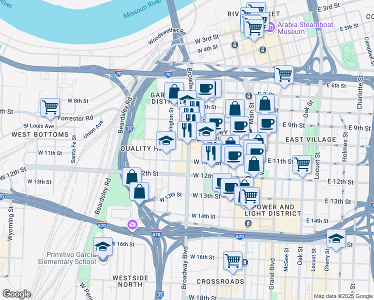 map of restaurants, bars, coffee shops, grocery stores, and more near 1010 Broadway Boulevard in Kansas City