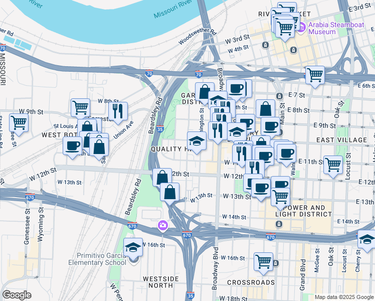 map of restaurants, bars, coffee shops, grocery stores, and more near in Kansas City