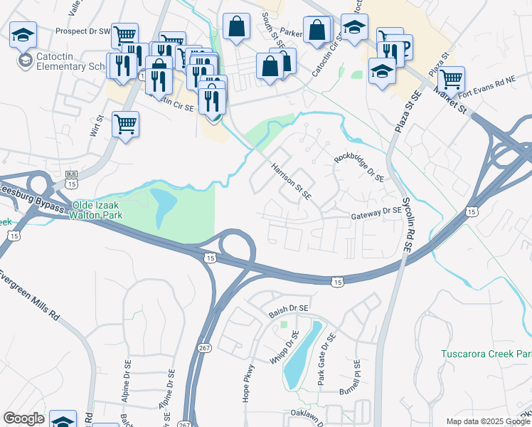 map of restaurants, bars, coffee shops, grocery stores, and more near 50 Gateway Drive Southeast in Leesburg