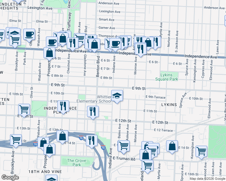 map of restaurants, bars, coffee shops, grocery stores, and more near 3303 East 9th Street in Kansas City