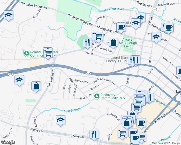 map of restaurants, bars, coffee shops, grocery stores, and more near 8116 Gorman Avenue in Laurel