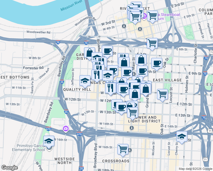 map of restaurants, bars, coffee shops, grocery stores, and more near 1016a Central Street in Kansas City
