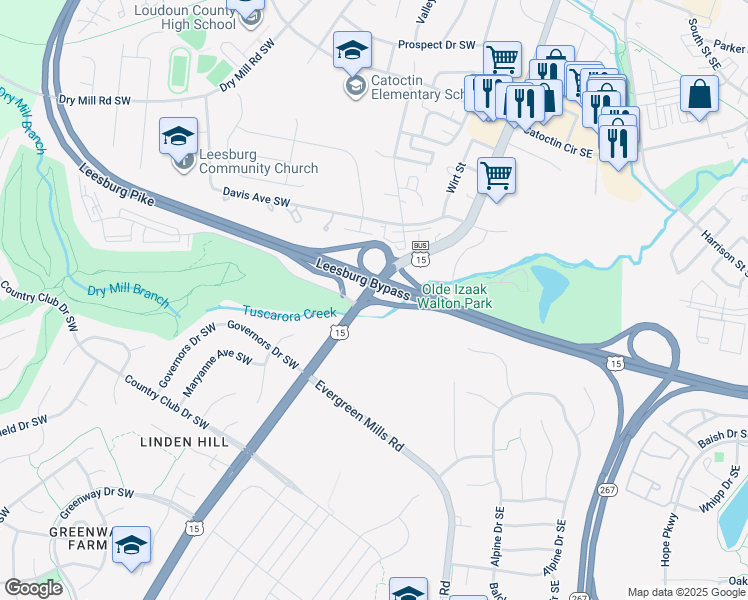 map of restaurants, bars, coffee shops, grocery stores, and more near Leesburg Pike in Leesburg