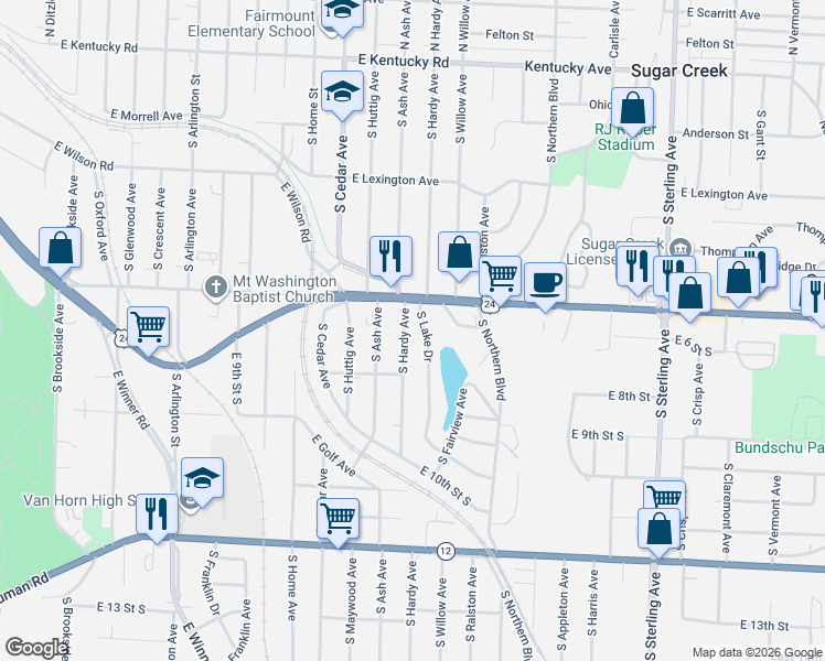 map of restaurants, bars, coffee shops, grocery stores, and more near 611 S Hardy Ave in Independence