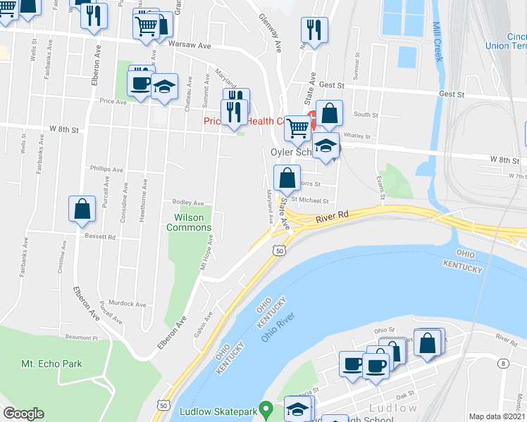 map of restaurants, bars, coffee shops, grocery stores, and more near 2325 Maryland Avenue in Cincinnati