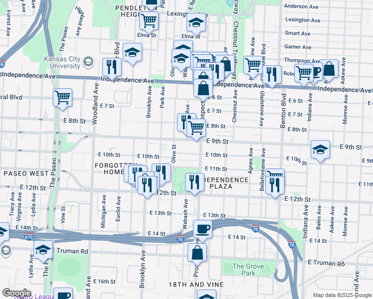 map of restaurants, bars, coffee shops, grocery stores, and more near 2420 East 10th Street in Kansas City