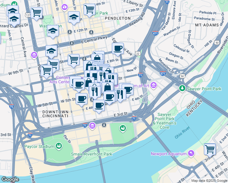 map of restaurants, bars, coffee shops, grocery stores, and more near 250 East 5th Street in Cincinnati