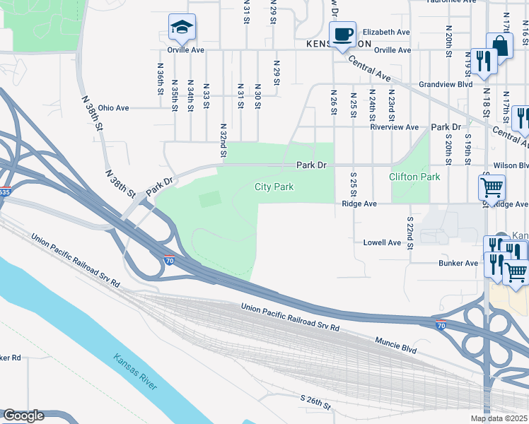 map of restaurants, bars, coffee shops, grocery stores, and more near 2915 Ridge Avenue in Kansas City
