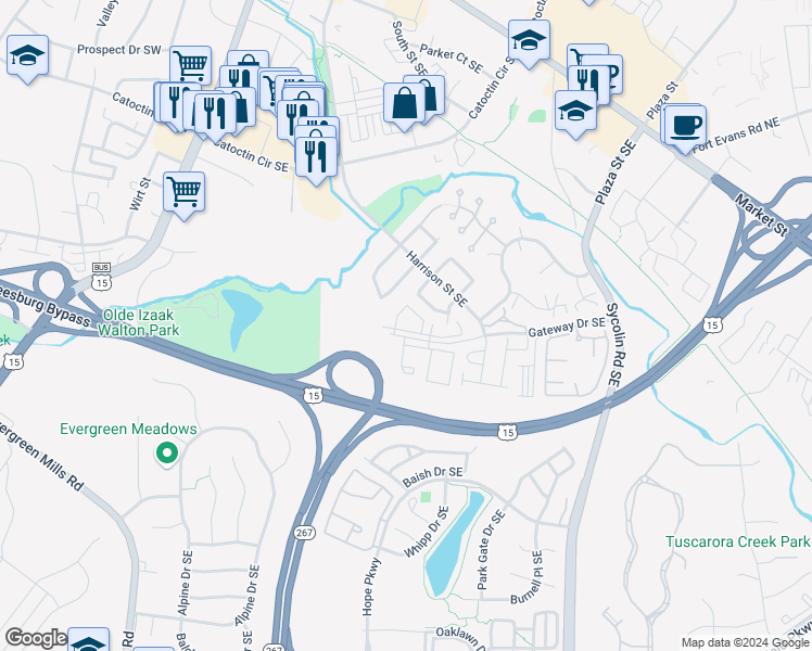 map of restaurants, bars, coffee shops, grocery stores, and more near 668 Gateway Drive Southeast in Leesburg