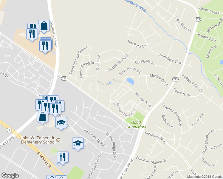 map of restaurants, bars, coffee shops, grocery stores, and more near 1203 Barnwick Court Northeast in Leesburg