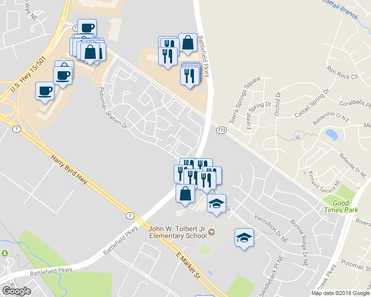 map of restaurants, bars, coffee shops, grocery stores, and more near 541 Macarthur Terrace Northeast in Leesburg