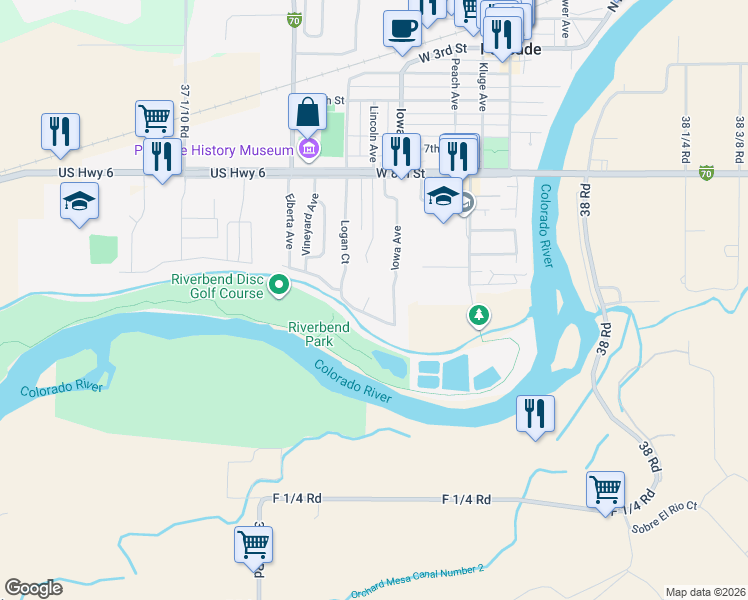 map of restaurants, bars, coffee shops, grocery stores, and more near 911 William Court in Palisade