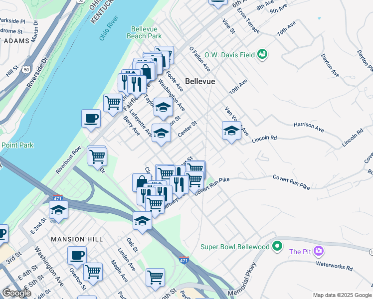 map of restaurants, bars, coffee shops, grocery stores, and more near 242 Walnut Street in Bellevue