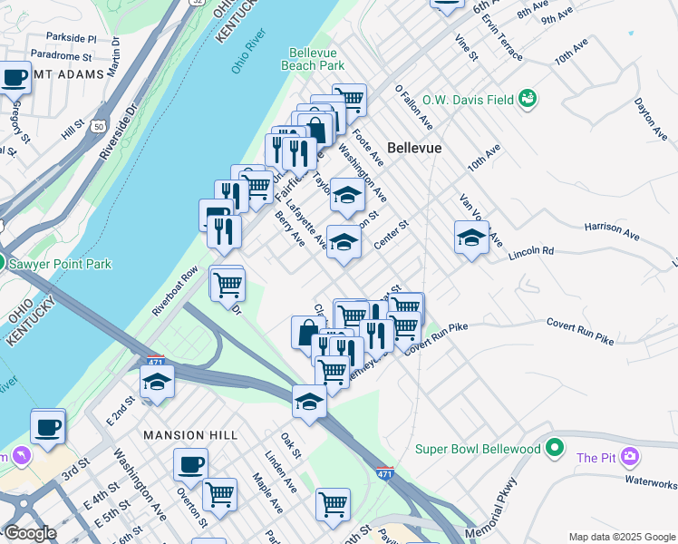 map of restaurants, bars, coffee shops, grocery stores, and more near 353 Berry Avenue in Bellevue