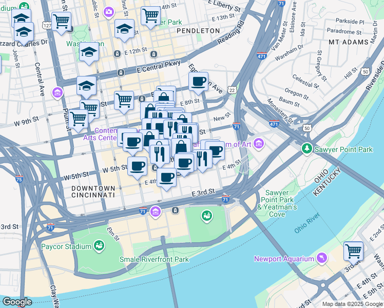 map of restaurants, bars, coffee shops, grocery stores, and more near 250 East 5th Street in Cincinnati
