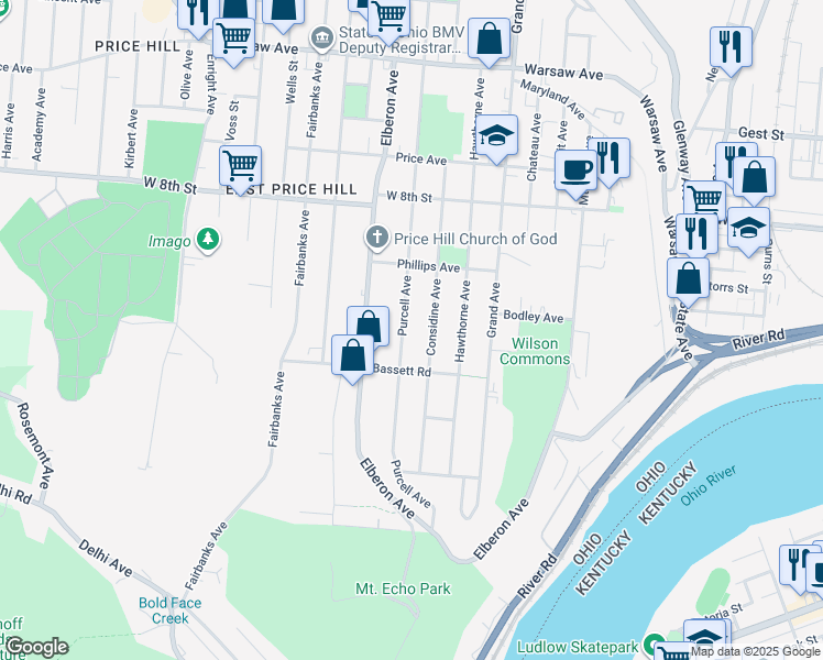 map of restaurants, bars, coffee shops, grocery stores, and more near 549 Considine Avenue in Cincinnati