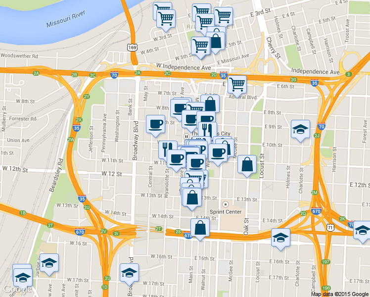 map of restaurants, bars, coffee shops, grocery stores, and more near 21 West 10th Street in Kansas City