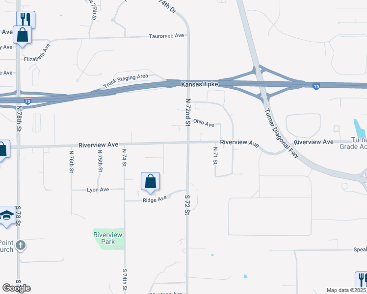 map of restaurants, bars, coffee shops, grocery stores, and more near 148 North 72nd Street in Kansas City