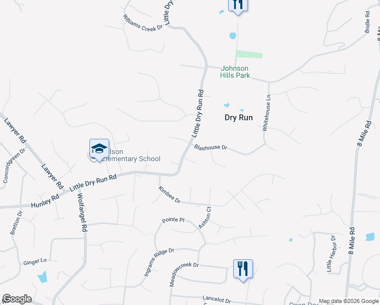 map of restaurants, bars, coffee shops, grocery stores, and more near 2700 Little Dry Run Road in Cincinnati