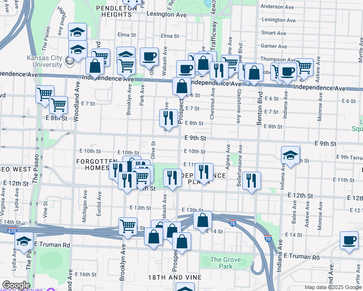map of restaurants, bars, coffee shops, grocery stores, and more near 915 Prospect Avenue in Kansas City