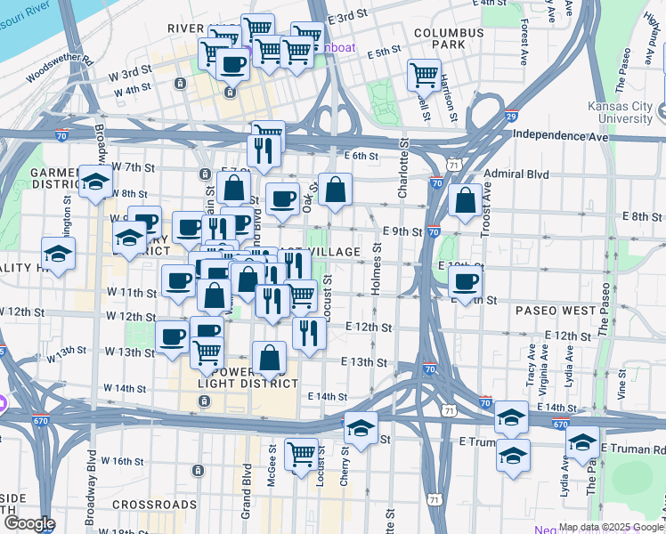 map of restaurants, bars, coffee shops, grocery stores, and more near 1001 Locust Street in Kansas City