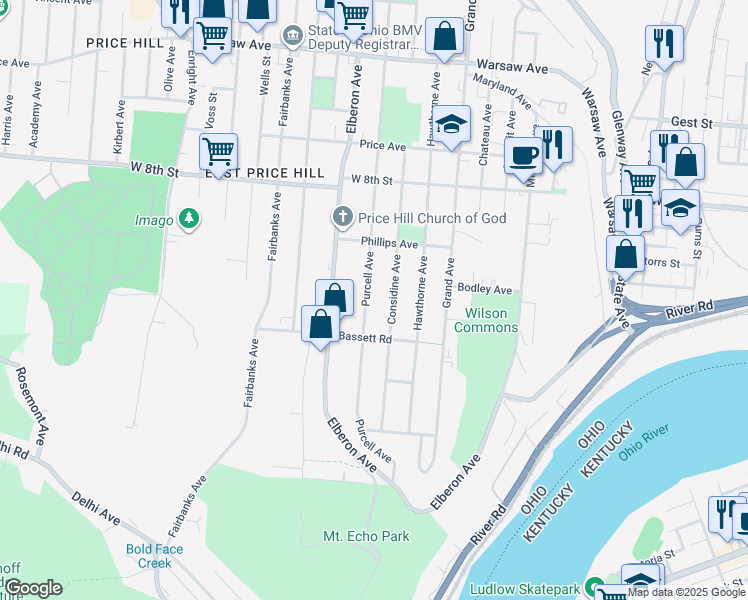 map of restaurants, bars, coffee shops, grocery stores, and more near 549 Considine Avenue in Cincinnati