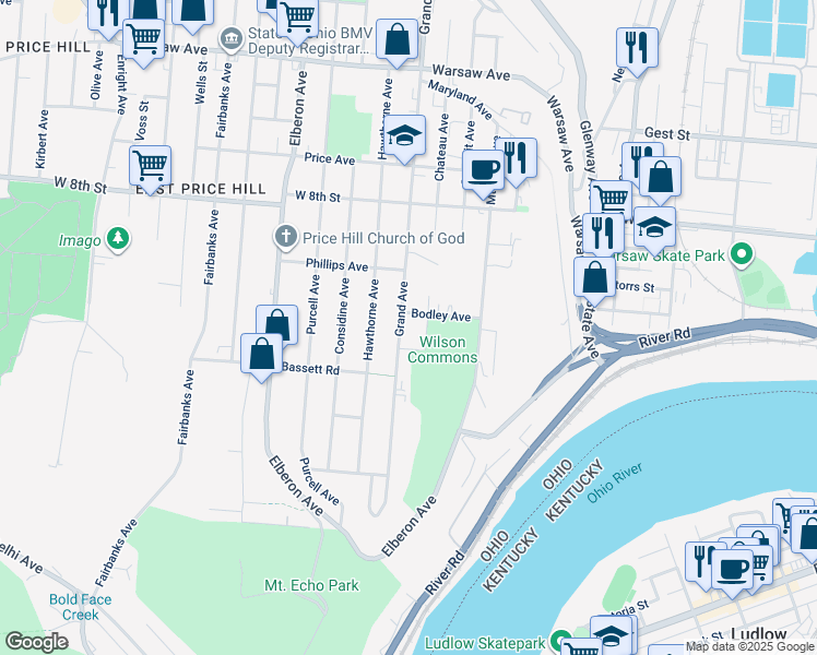 map of restaurants, bars, coffee shops, grocery stores, and more near 542 Grand Avenue in Cincinnati