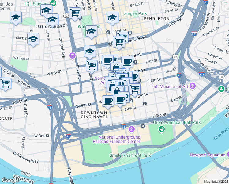 map of restaurants, bars, coffee shops, grocery stores, and more near 38 Fountain Square Plaza in Cincinnati